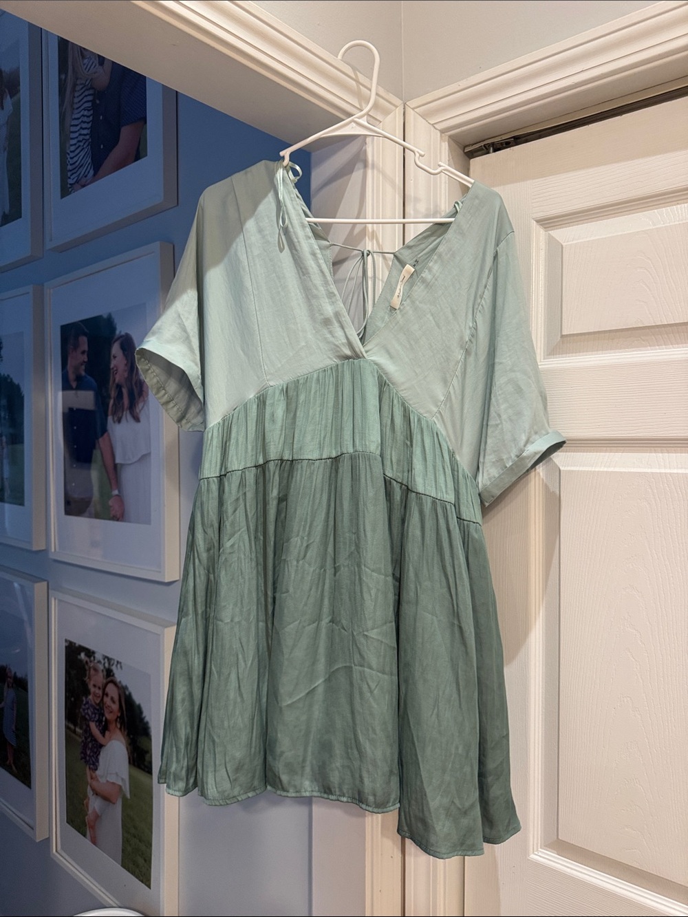 Mustard Seed | Light Sage Green Tiered V-Neck Babydoll Dress